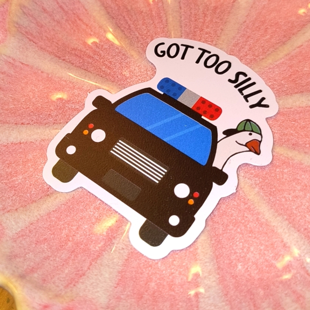5/$10 black red and white cop car with goose Got Too Silly sticker car cup phone